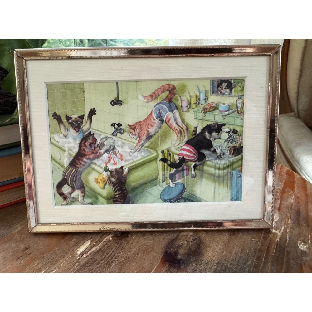 Vintage Anthropomorphic Cats in Bathing Suits Framed Print Gold Tone Brass Frame